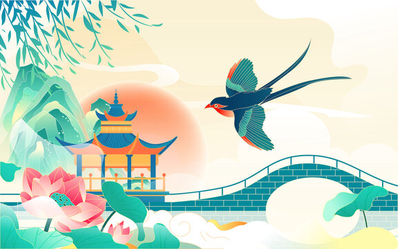 春分節(jié)氣燕子飛翔春天風(fēng)景插畫