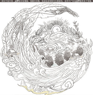 普洱茶餅線描插畫