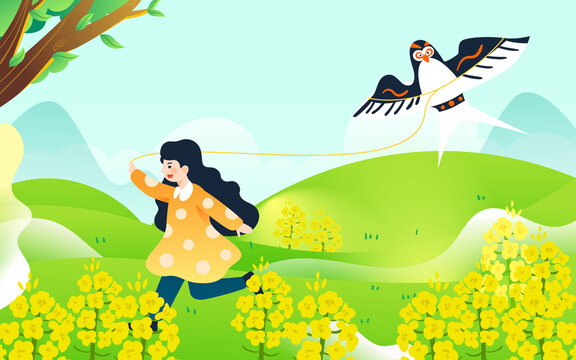 春分節(jié)氣小孩子戶(hù)外放風(fēng)箏插畫(huà)