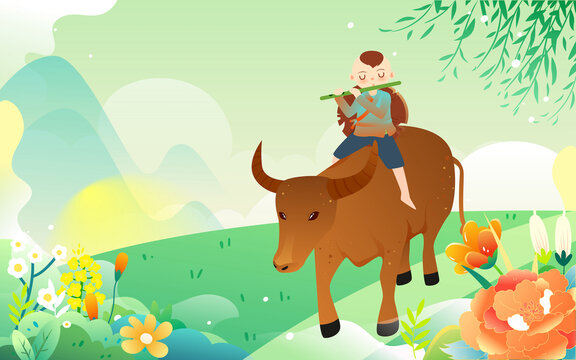 清明節(jié)牧童放牛中國(guó)風(fēng)春天插畫