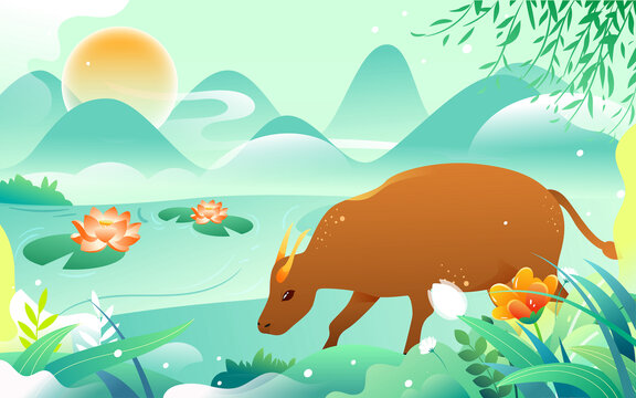清明節(jié)牧童放牛中國(guó)風(fēng)春天插畫