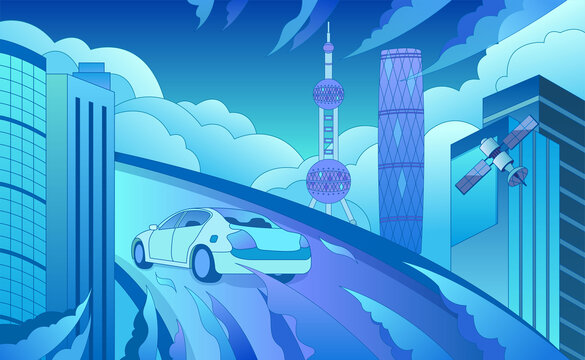 建筑城市與汽車(chē)科技矢量插畫(huà)