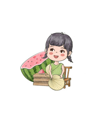夏天西瓜小女孩插畫