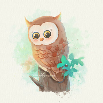 水彩貓頭鷹插畫