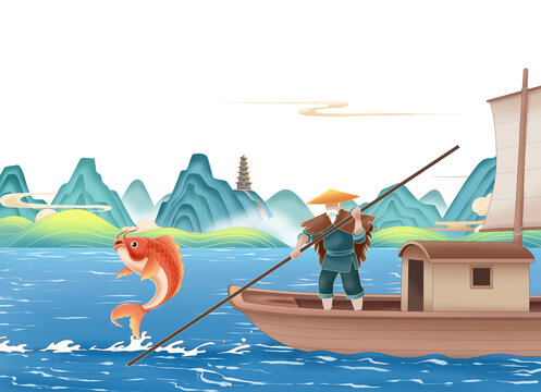 中國風(fēng)山水漁翁寫意插畫