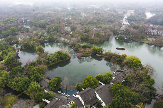 杭州西溪湿地初春梅花盛开航拍