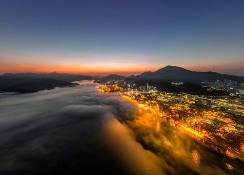 盐田港航拍夕阳西下