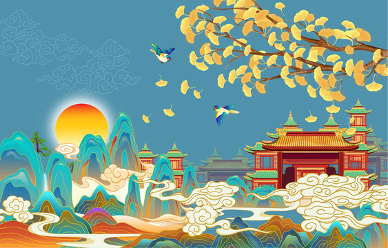 國(guó)潮樓閣亭臺(tái)山水插畫(huà)