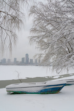 冬天中国沈阳浑河的雪地雾凇