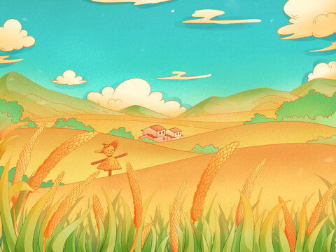 丰收小麦水稻田野风景插画