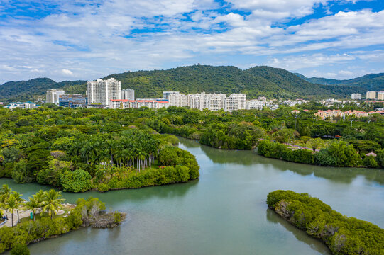 航拍海南三亚白鹭公园城市湿地