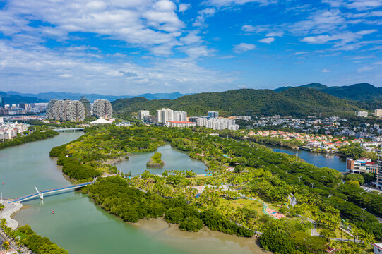 航拍海南三亚白鹭公园城市湿地