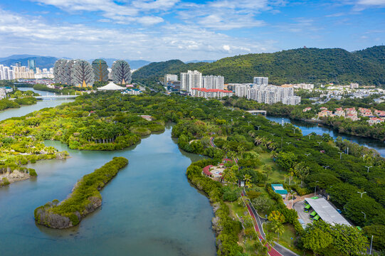 航拍海南三亚白鹭公园城市湿地