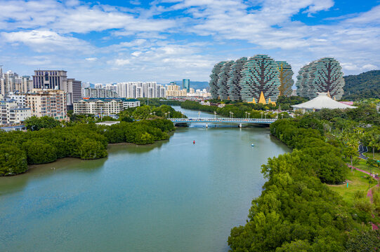 航拍海南三亚白鹭公园城市湿地