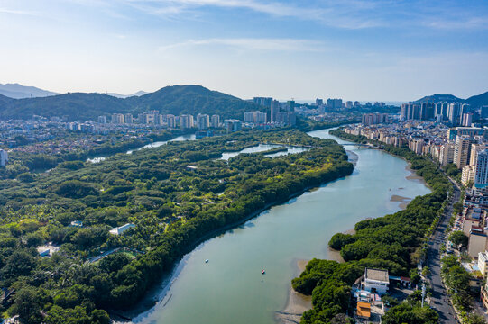 航拍三亚白鹭公园临春河湿地