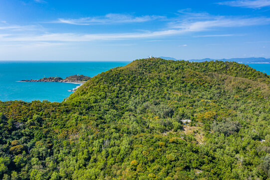 航拍三亚西岛沿海山地绿山林