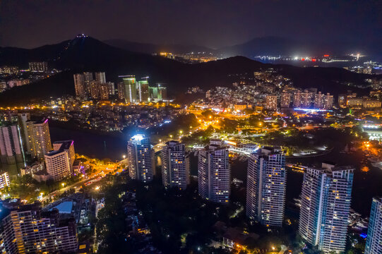 航拍海南三亚鸿洲游艇码头夜景