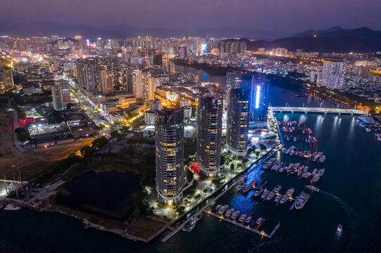 航拍三亚夜景城市建筑灯火通明