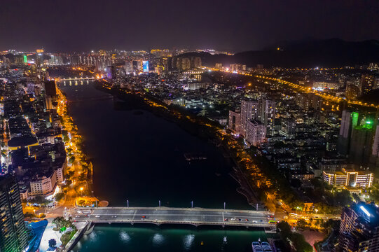 航拍三亚夜景三亚河河流水系