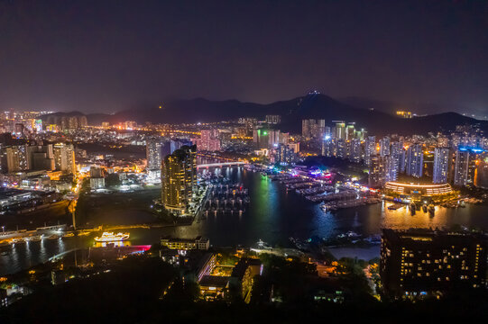 航拍三亚夜景城市建筑灯火通明