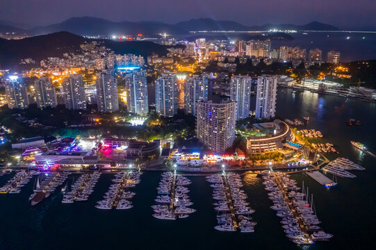 航拍三亚夜景城市建筑灯火通明