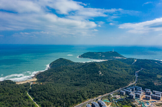 航拍海南文昌海湾铜鼓岭佛光寺