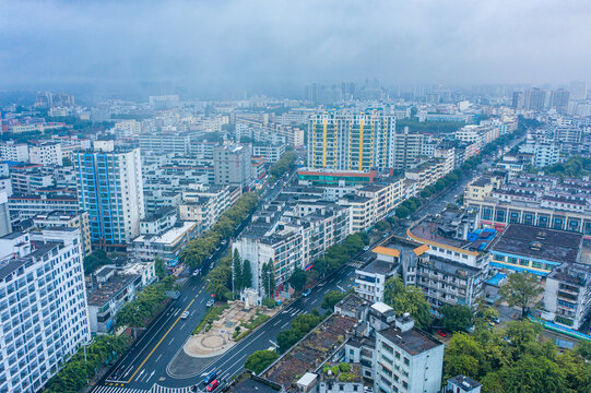 航拍海南文昌文建路口金山广场