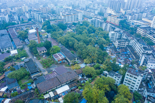 航拍海南文昌湿润雨雾笼罩城镇