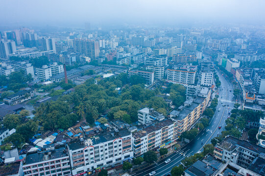 航拍海南文昌湿润雨雾笼罩城镇