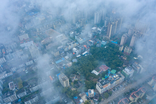 航拍海南文昌高空平流雾景观