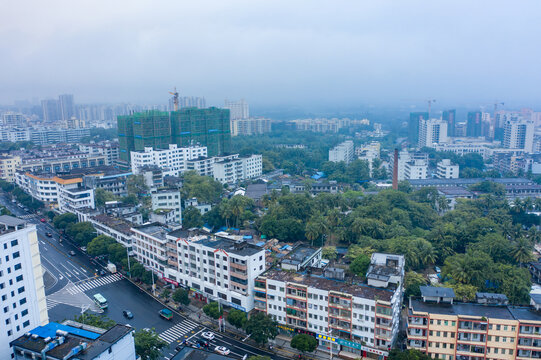 航拍海南文昌湿润雨雾笼罩城镇