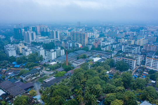 航拍海南文昌湿润雨雾笼罩城镇