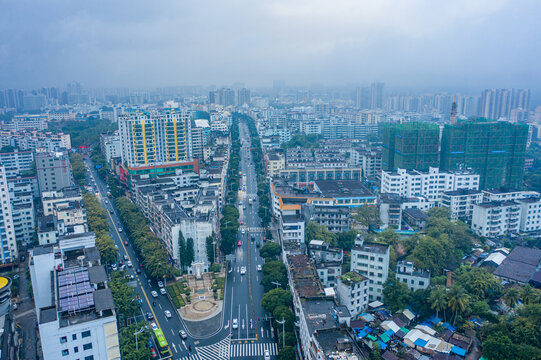 航拍海南文昌湿润雨雾笼罩城镇