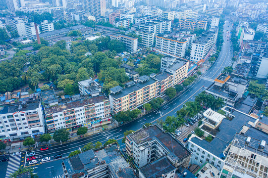 航拍海南文昌湿润雨雾笼罩城镇