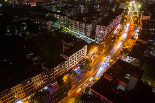 航拍海南文昌城镇中心区域夜景