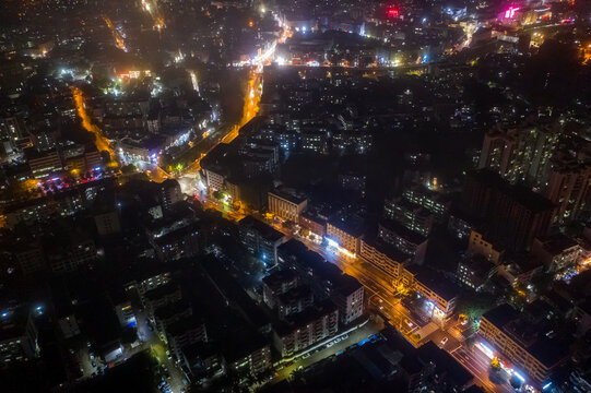 航拍海南文昌城镇中心区域夜景