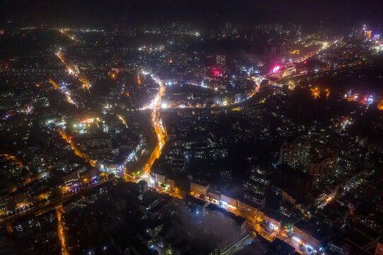 航拍海南文昌城镇中心区域夜景