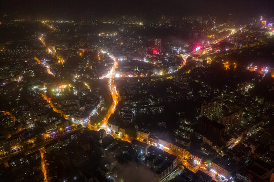 航拍海南文昌城镇中心区域夜景