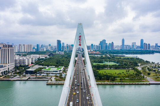 航拍海口世纪大桥海口湾斜拉桥