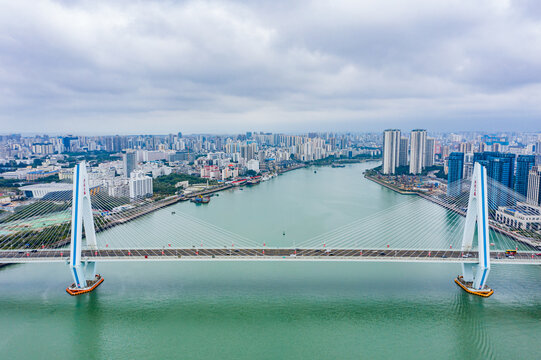 航拍海口世纪大桥海口湾斜拉桥