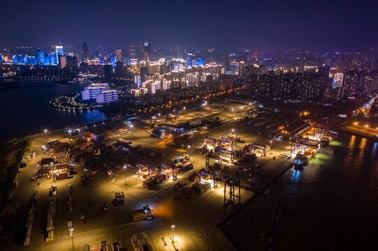 航拍海口港集装箱码头港口夜景