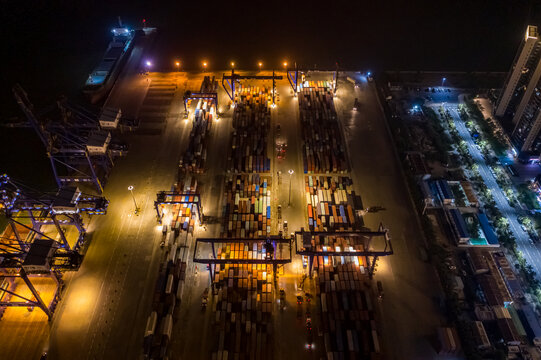 航拍海口港集装箱码头港口夜景