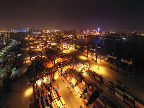 航拍海口港集装箱码头港口夜景