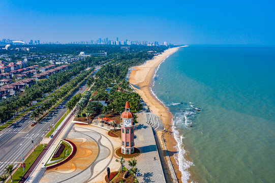 航拍海南海口西海岸观海台海滩