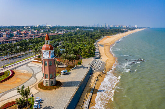 航拍海南海口西海岸观海台海滩