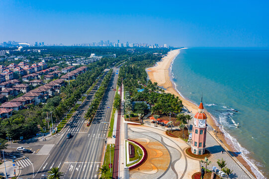 航拍海南海口西海岸观海台海滩