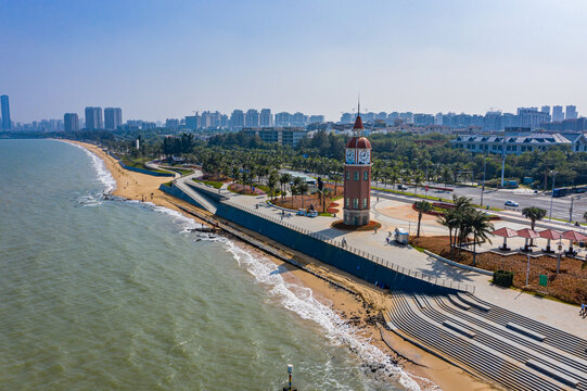 航拍海南海口西海岸观海台海滩