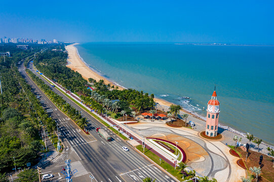 航拍海南海口西海岸观海台海滩