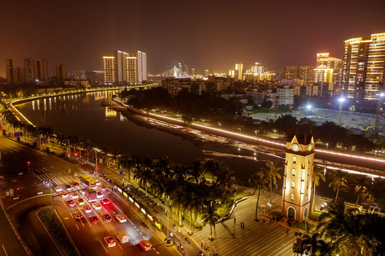 航拍海南海口钟楼夜景灯光秀