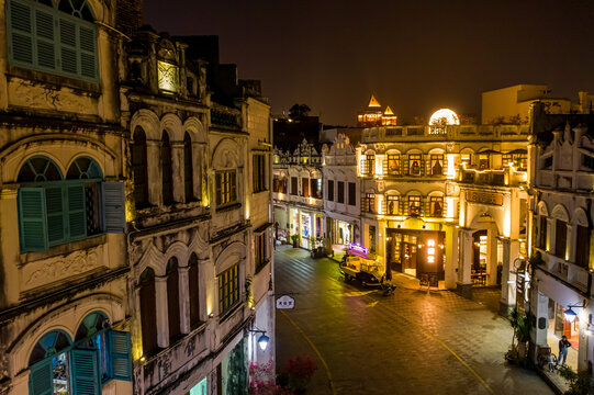 航拍海口骑楼老街夜景老城街区